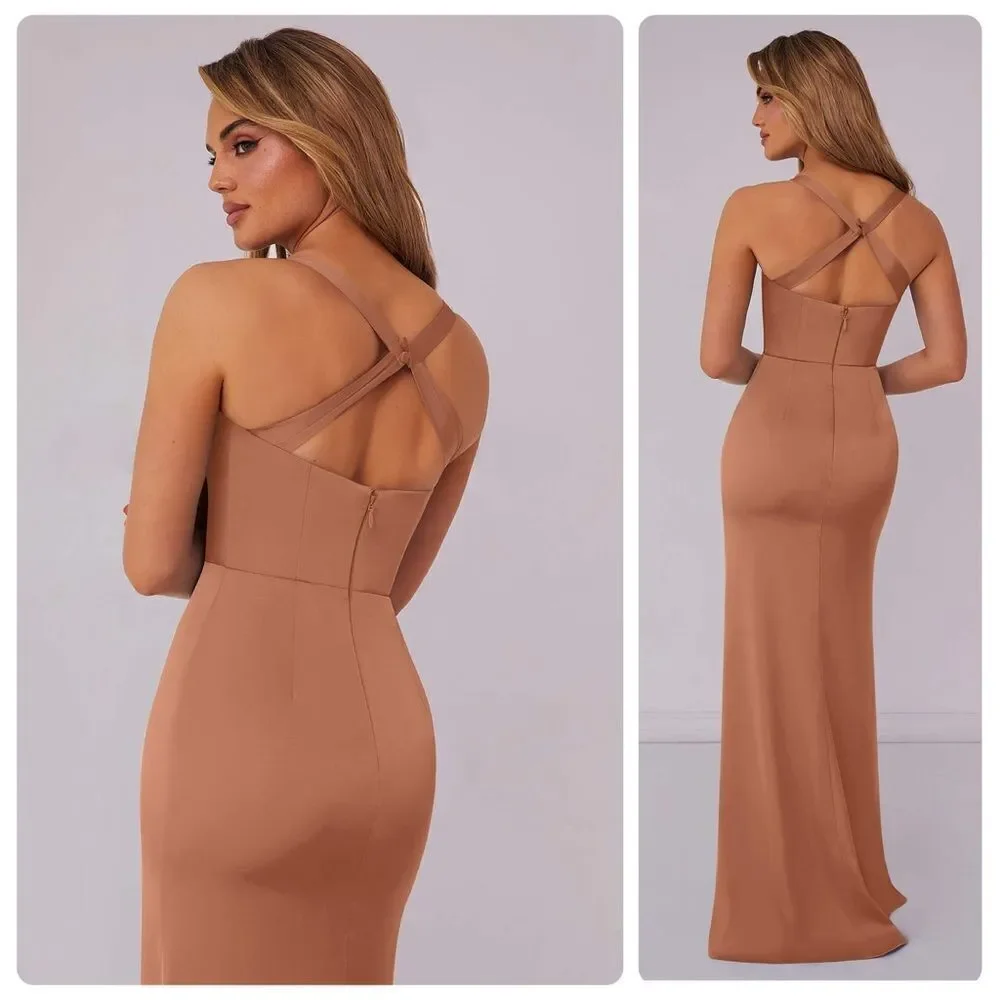 BARBIE AZAZIE 1007 Criss Cross Strap Stretch Satin Sheath Dress Bronzer. Size A8
